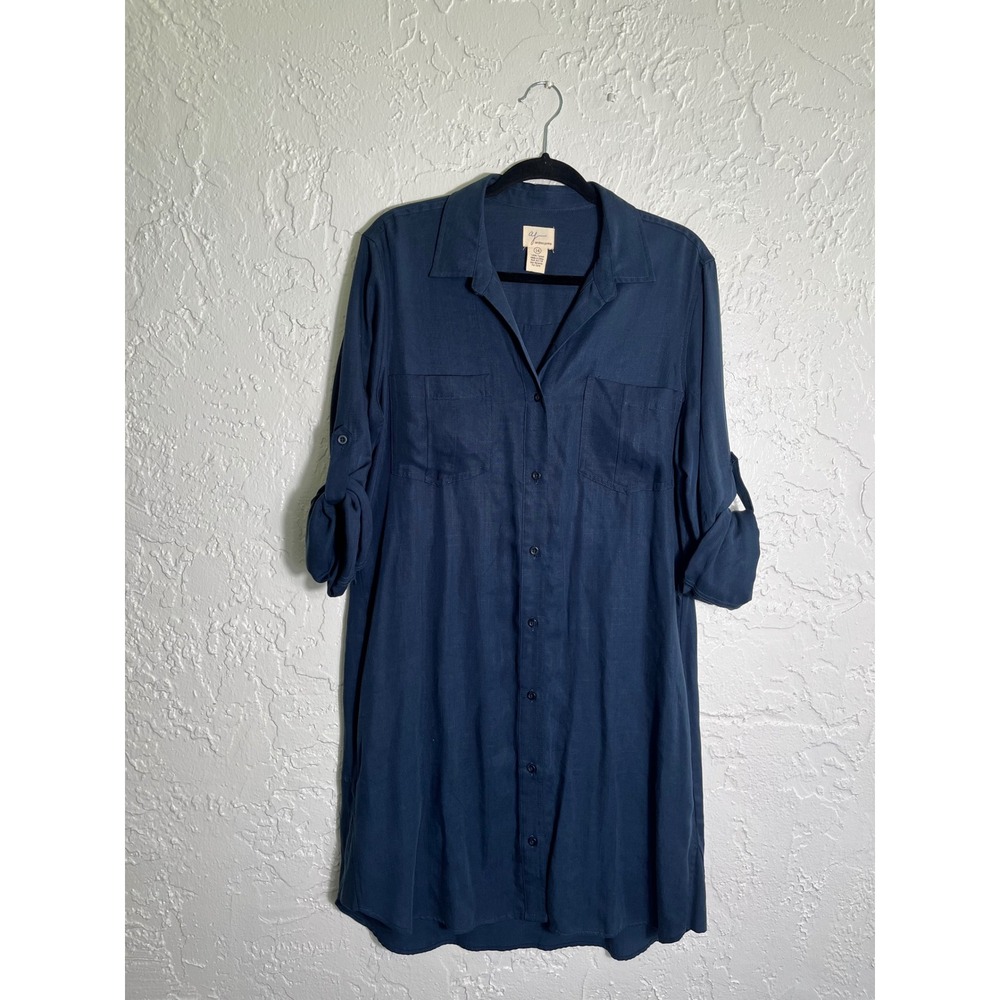Andrea Jovine Navy Blue Tencel Button Front Shirt Dress Roll Tab Sleeve Size 14
